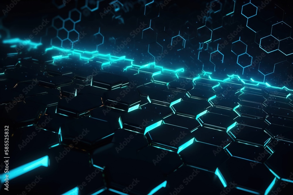  a dark background with glowing blue hexagonals on it.  generative ai