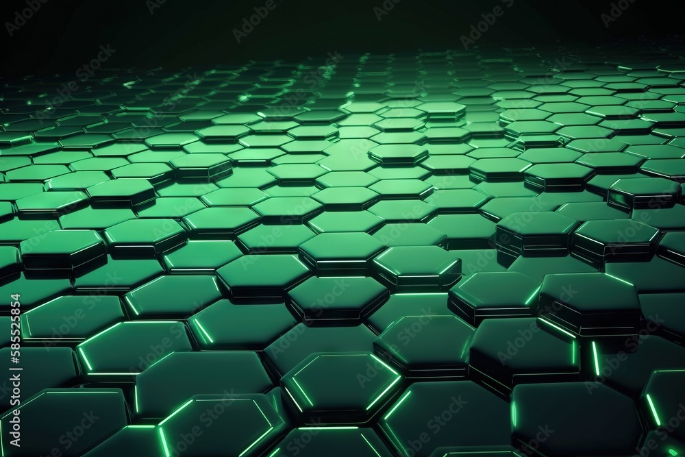  a green hexagonal background with a black background and green lights.  generative ai