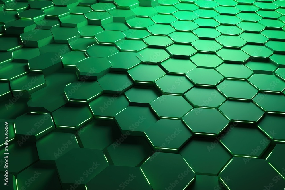  a green hexagonal background with a green light in the middle.  generative ai