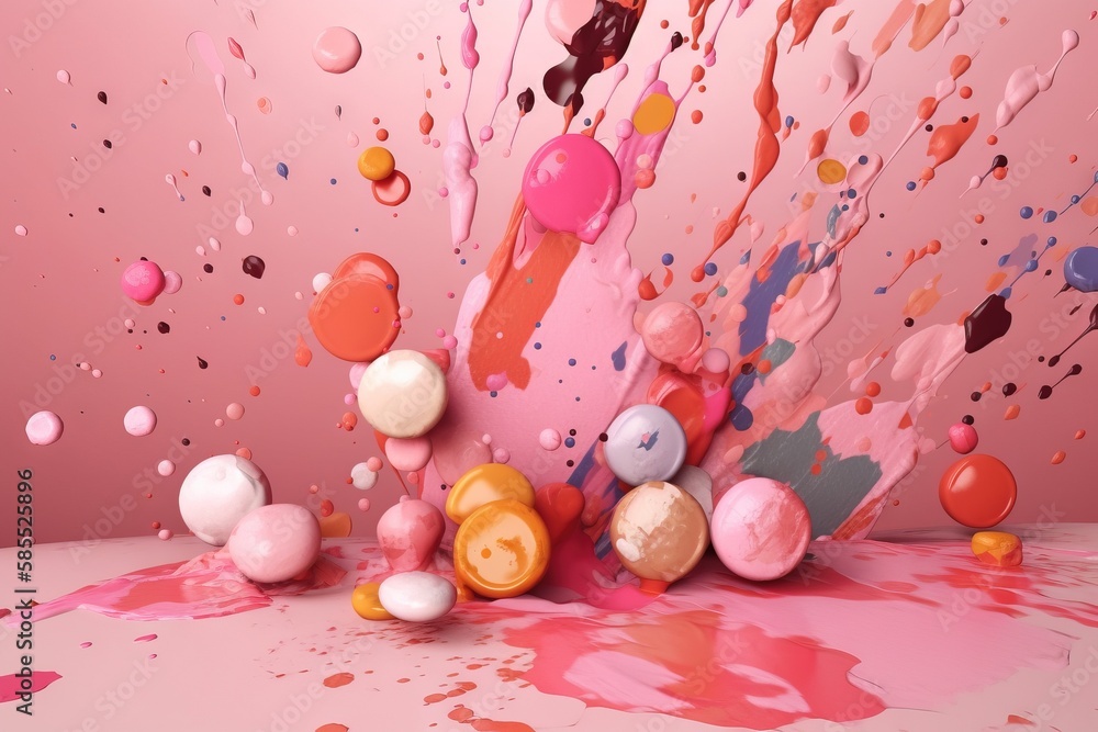  a pink background with lots of different colored objects on it.  generative ai