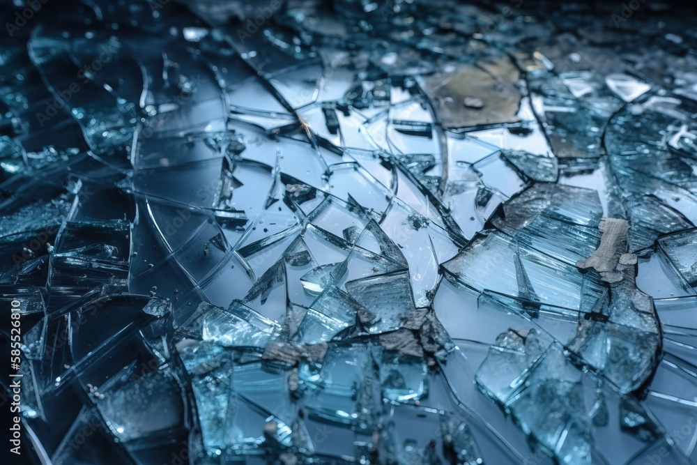  a broken glass surface with a lot of broken glass pieces.  generative ai