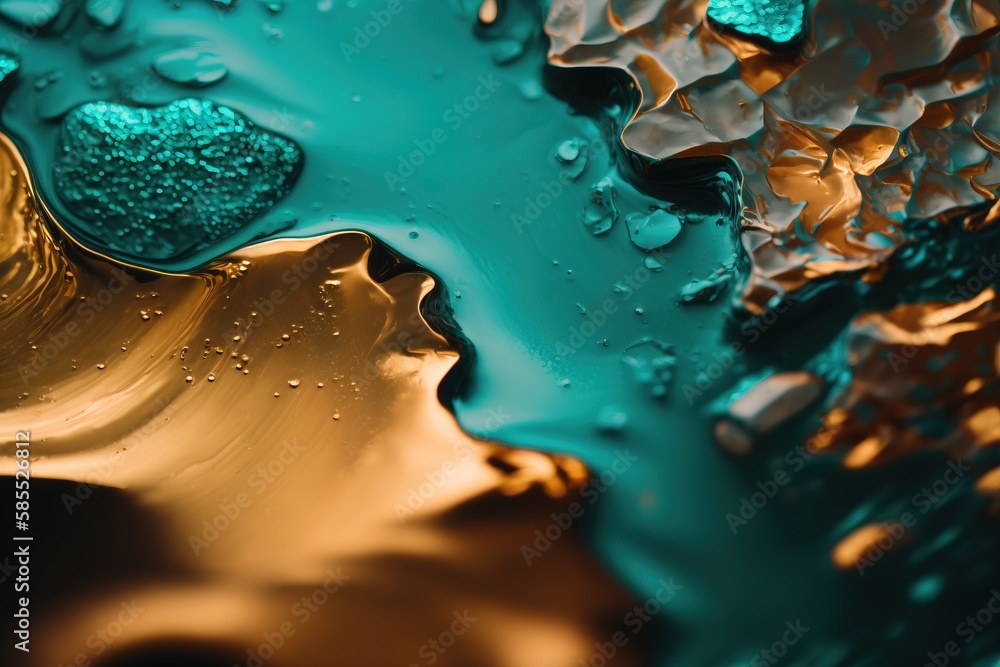  a close up of a liquid filled with gold and blue.  generative ai