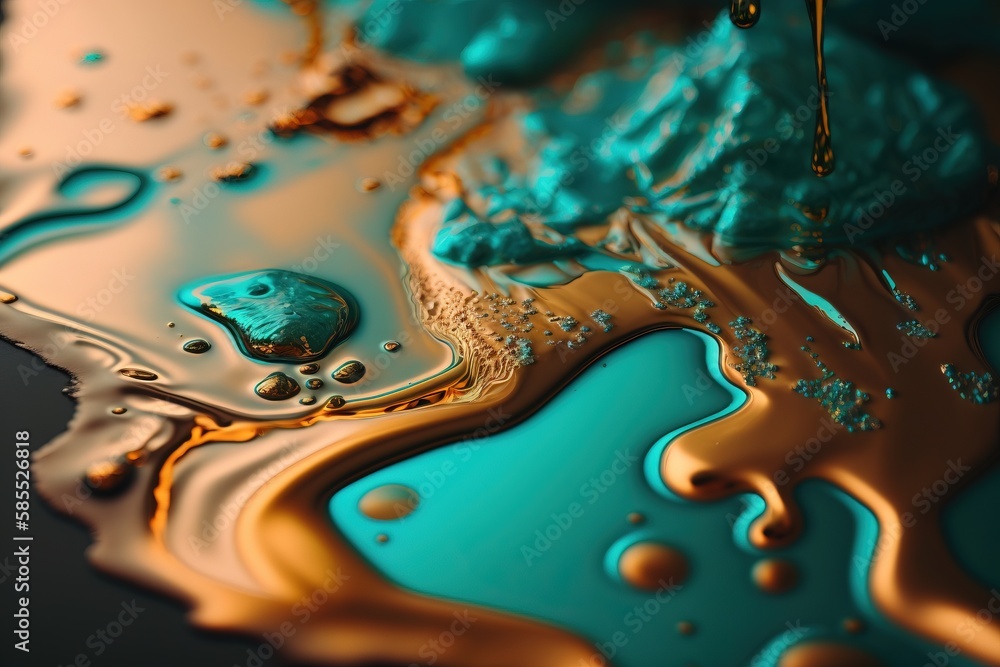  a close up of a blue and gold liquid on a black surface.  generative ai