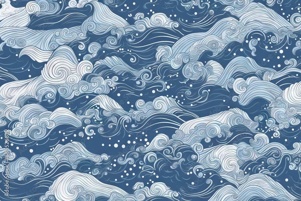  a blue and white pattern with waves and bubbles on it.  generative ai