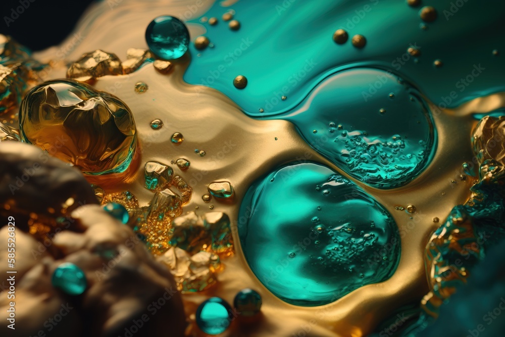  a close up of a liquid filled with gold and blue.  generative ai