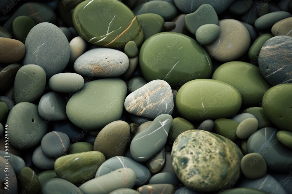  a bunch of rocks that are green and white with some brown spots.  generative ai