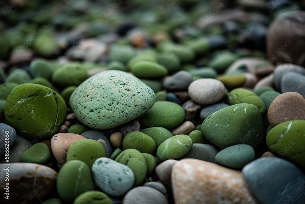  a close up of rocks and pebbles with a green rock.  generative ai