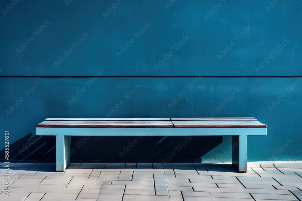  a blue bench sitting in front of a blue wall on a sidewalk.  generative ai