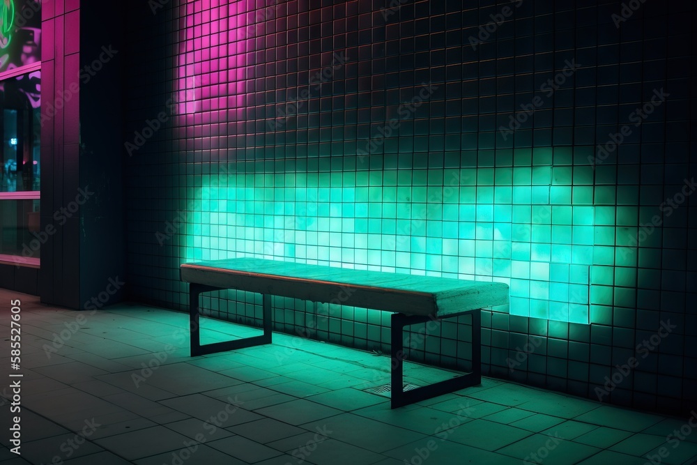  a bench sitting in front of a wall with green and pink lights.  generative ai