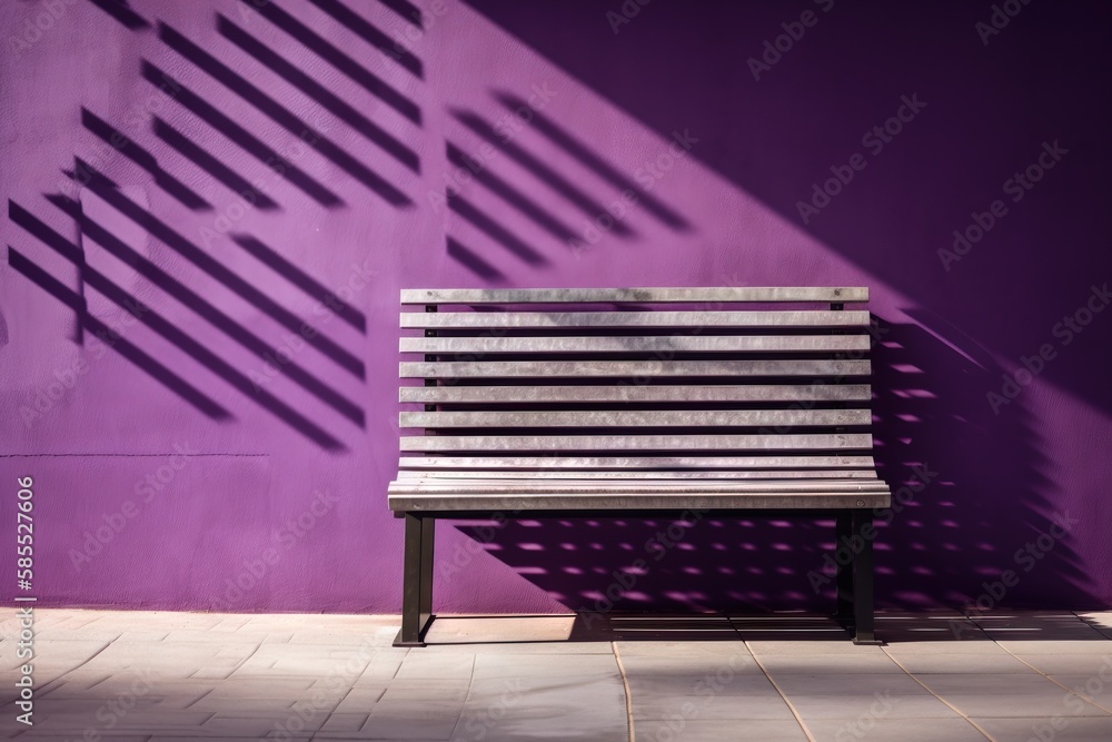  a wooden bench sitting in front of a purple wall with long shadows on it.  generative ai