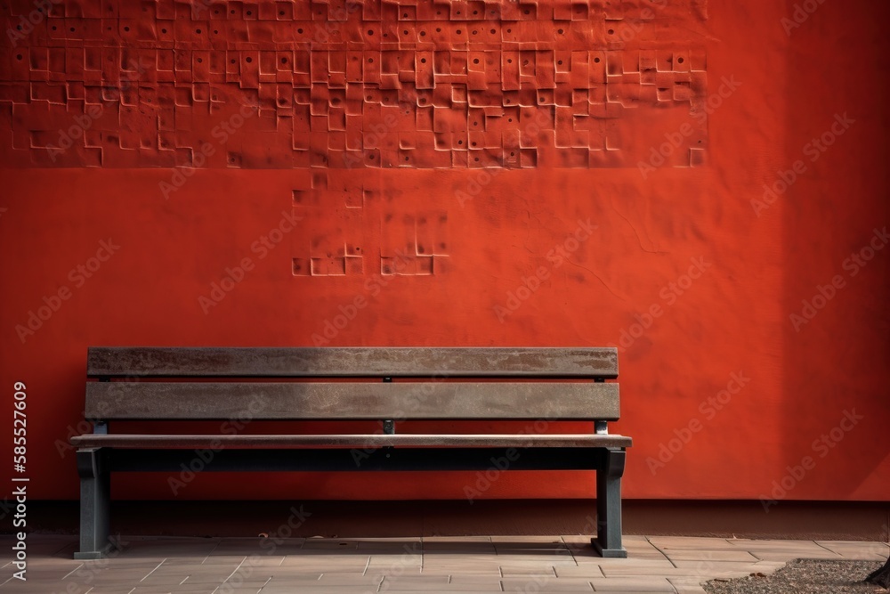  a bench sitting in front of a red wall with writing on it.  generative ai