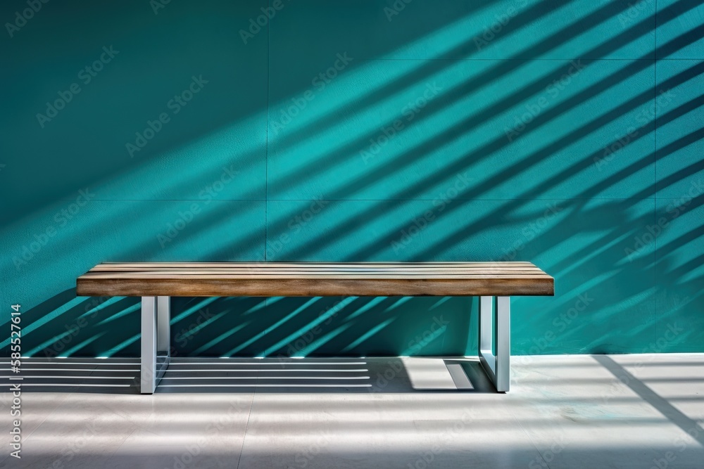  a wooden bench in front of a green wall with long shadows.  generative ai