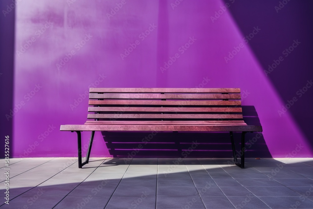  a wooden bench in front of a purple wall with a black metal frame.  generative ai