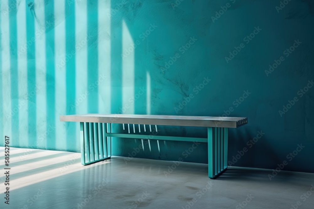  a bench sitting in front of a green wall with vertical blinds.  generative ai