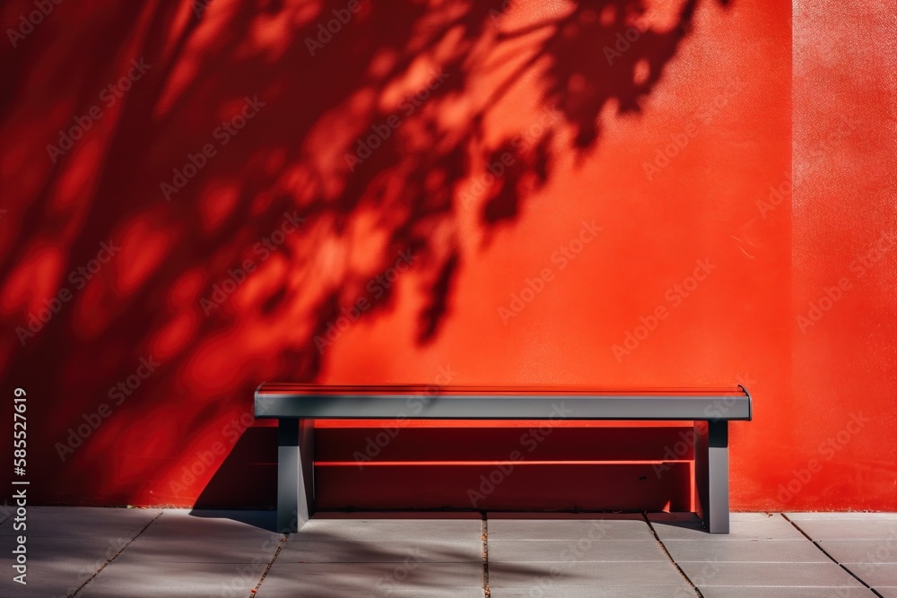  a shadow of a tree on a red wall and a bench.  generative ai