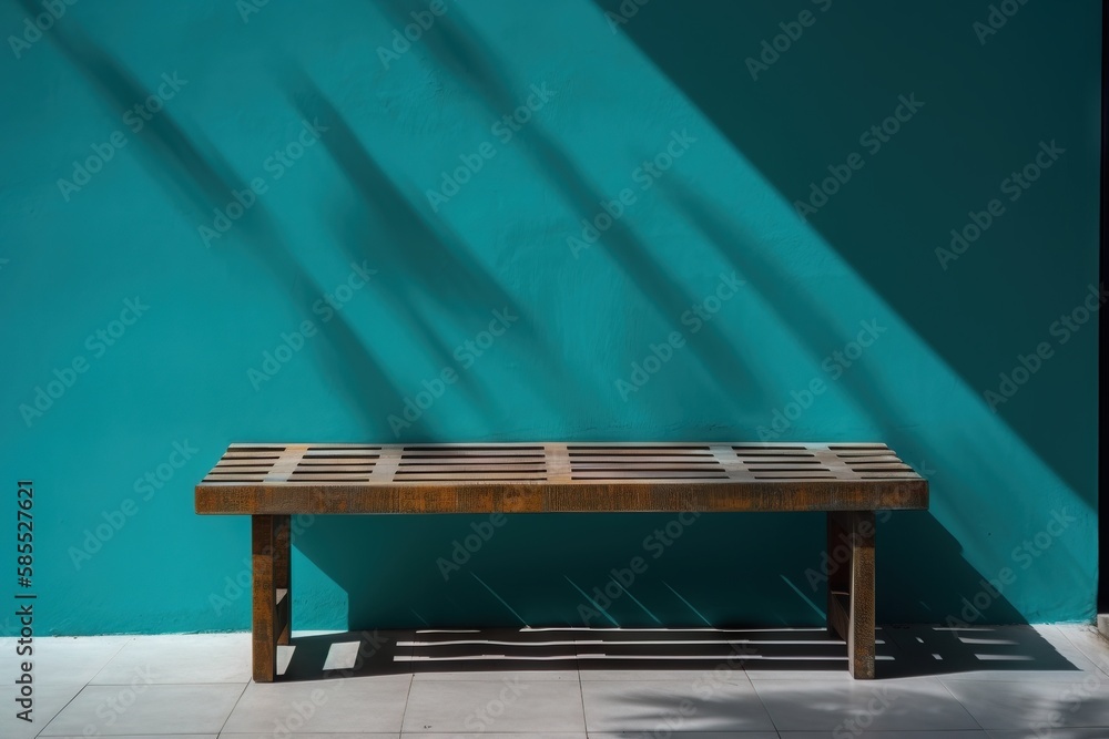  a wooden bench sitting in front of a blue wall with a shadow of a tree on it.  generative ai