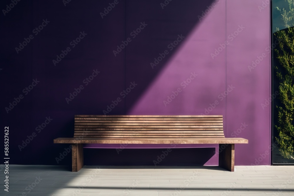  a wooden bench sitting in front of a purple wall with a green plant.  generative ai