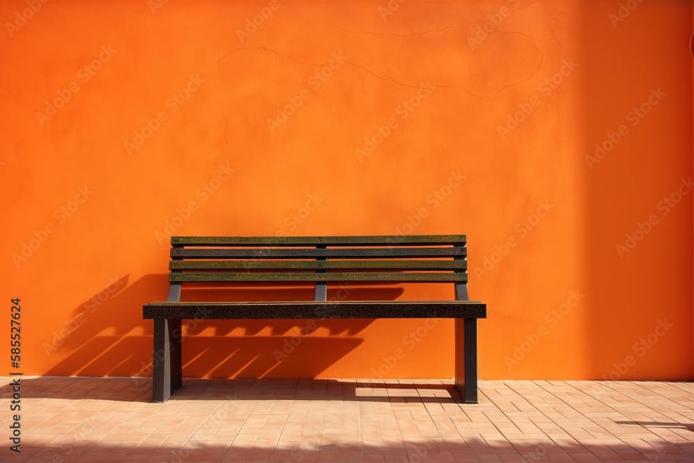  a wooden bench sitting in front of a bright orange wall.  generative ai