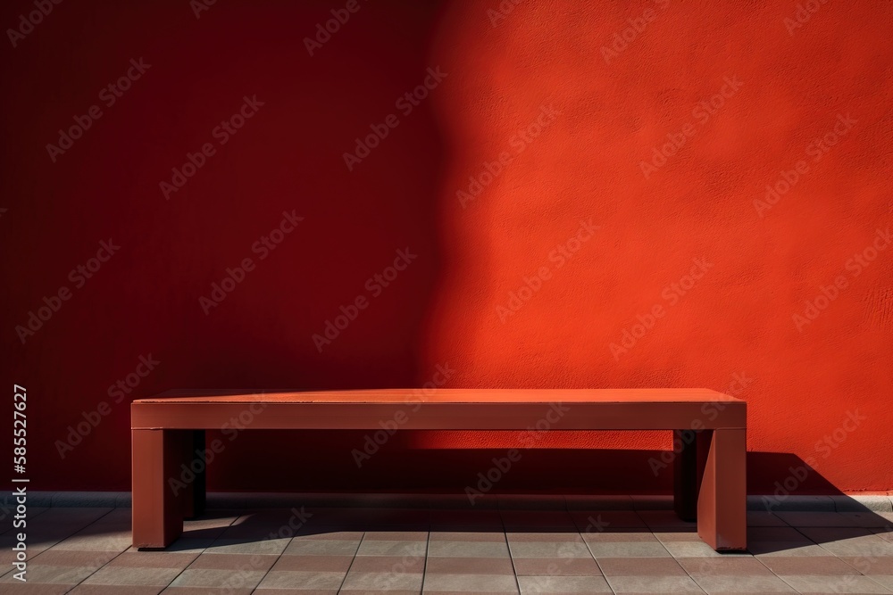  a red bench sitting in front of a red wall with a shadow on it.  generative ai