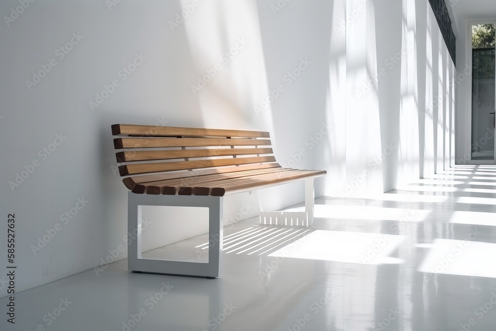  a wooden bench sitting in a white room next to a window.  generative ai