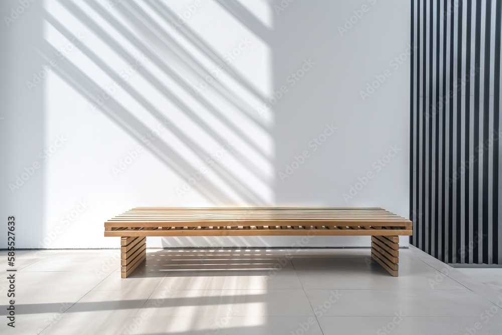  a wooden bench in a white room with a long shadow.  generative ai