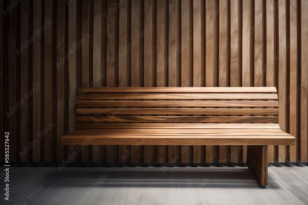  a wooden bench sitting in front of a wall with vertical slats.  generative ai