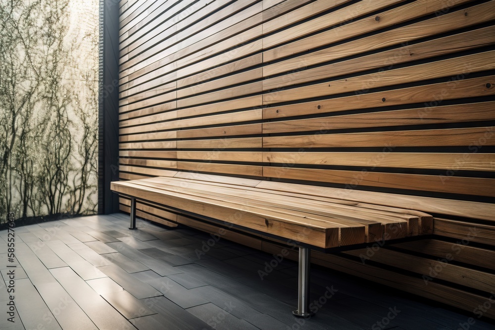  a wooden bench sitting in front of a wall with vertical slats.  generative ai