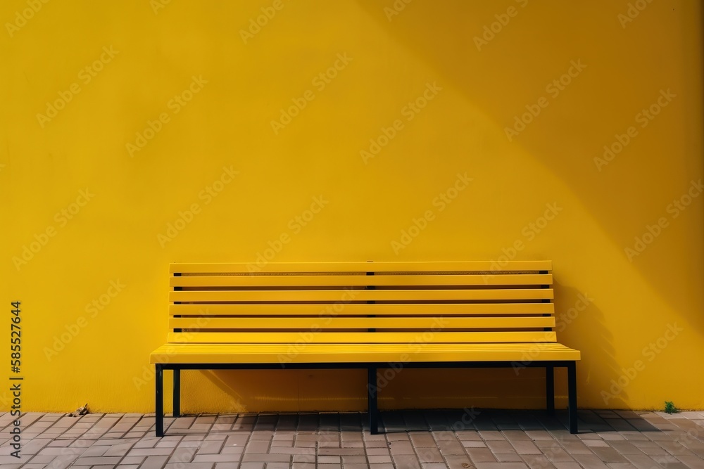  a yellow bench sitting in front of a yellow wall on a sidewalk.  generative ai