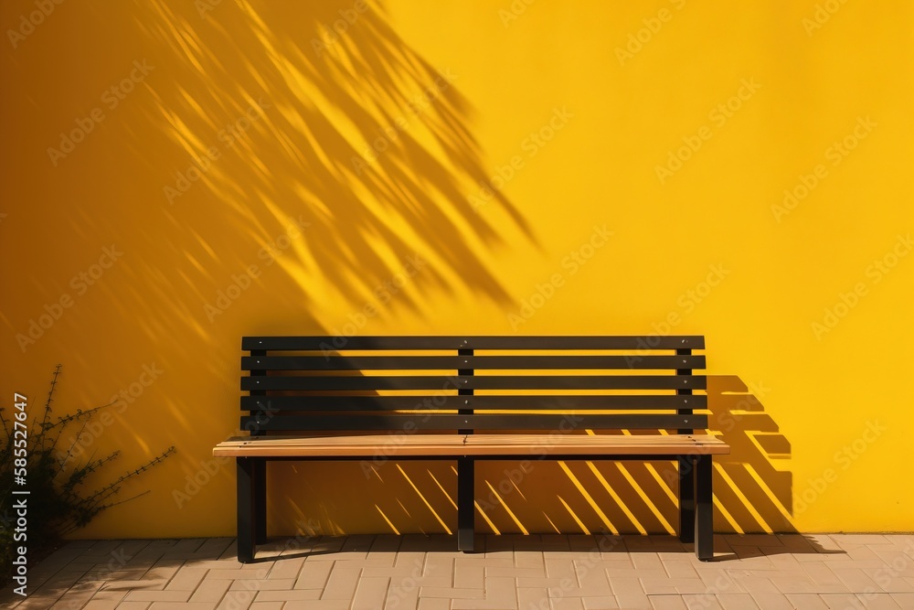  a wooden bench sitting in front of a yellow wall with a shadow of a tree.  generative ai