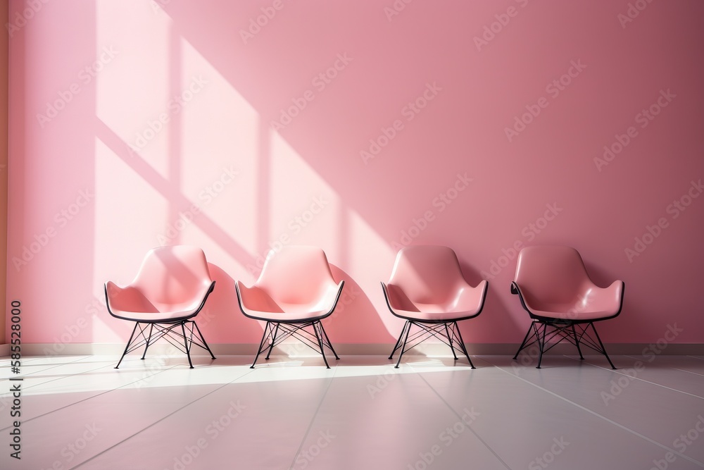  a row of pink chairs in a room with a pink wall.  generative ai