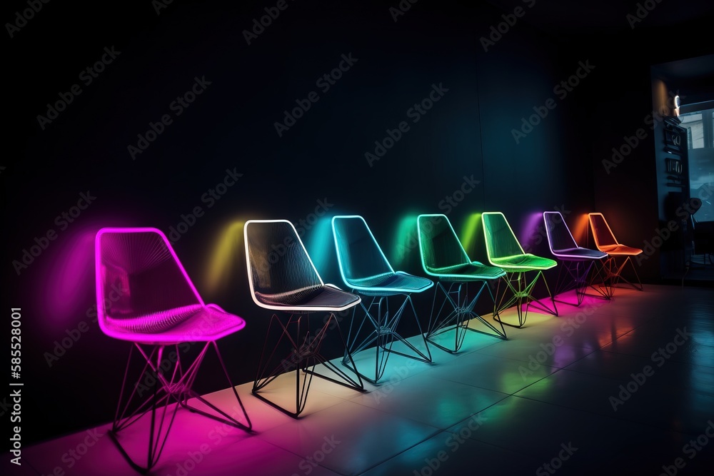  a row of neon chairs sitting in a room next to each other.  generative ai