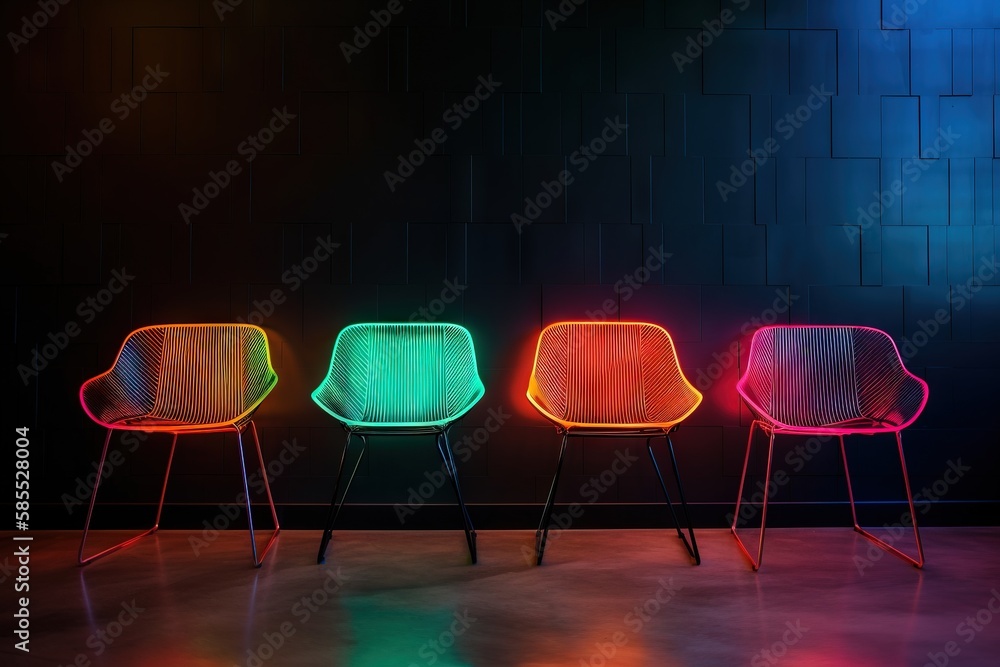  a row of colorful chairs sitting next to each other on a floor.  generative ai