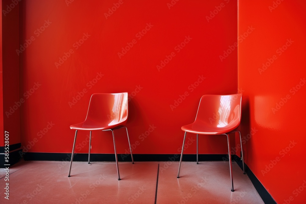  two red chairs against a red wall in a room with black trim.  generative ai