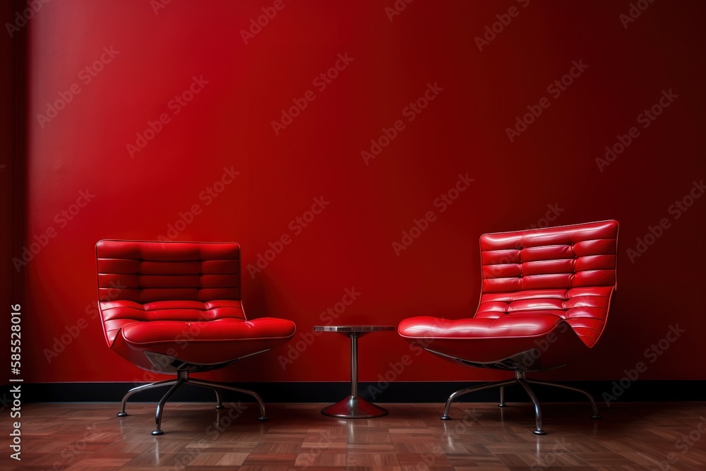  two red chairs sitting next to each other on a hard wood floor.  generative ai