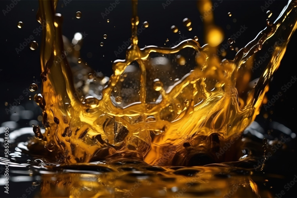  a yellow liquid splashing into the water on a black background.  generative ai