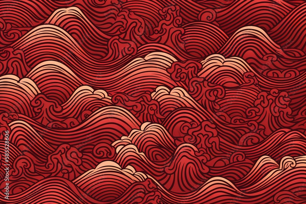  a red background with waves and clouds in the middle of it.  generative ai