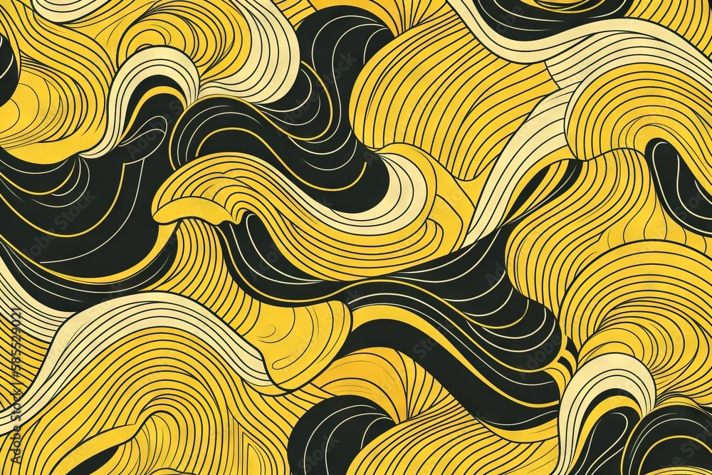  a yellow and black abstract background with wavy lines and curves.  generative ai