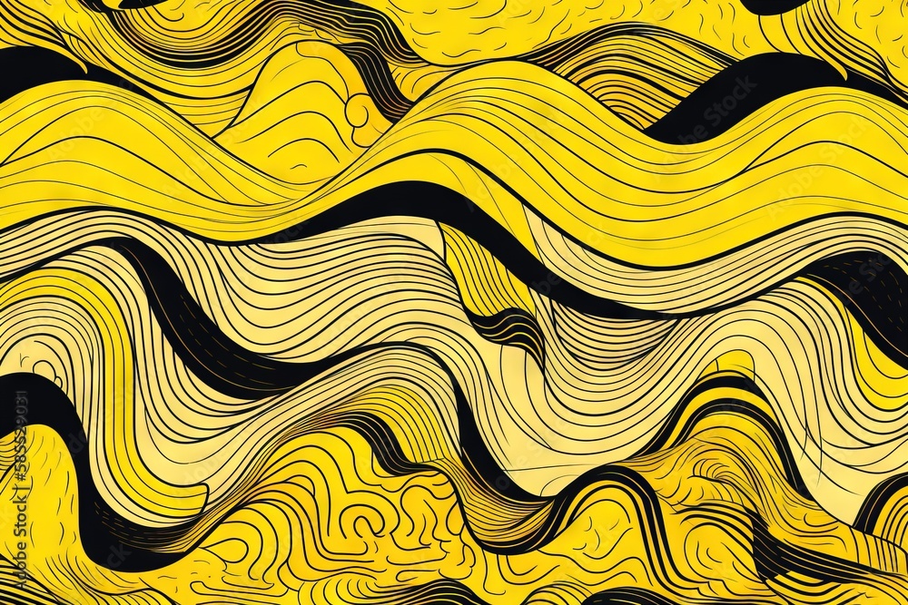  a yellow and black abstract background with wavy lines and curves.  generative ai