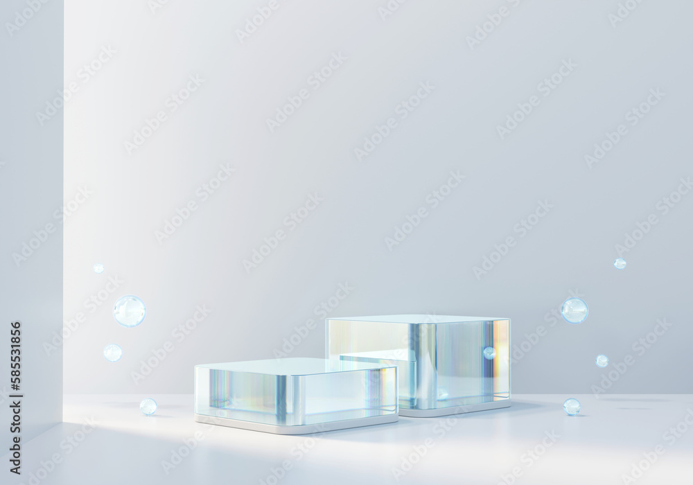 3D rendering cosmetic platform podium with crystal caustic light product presentation background