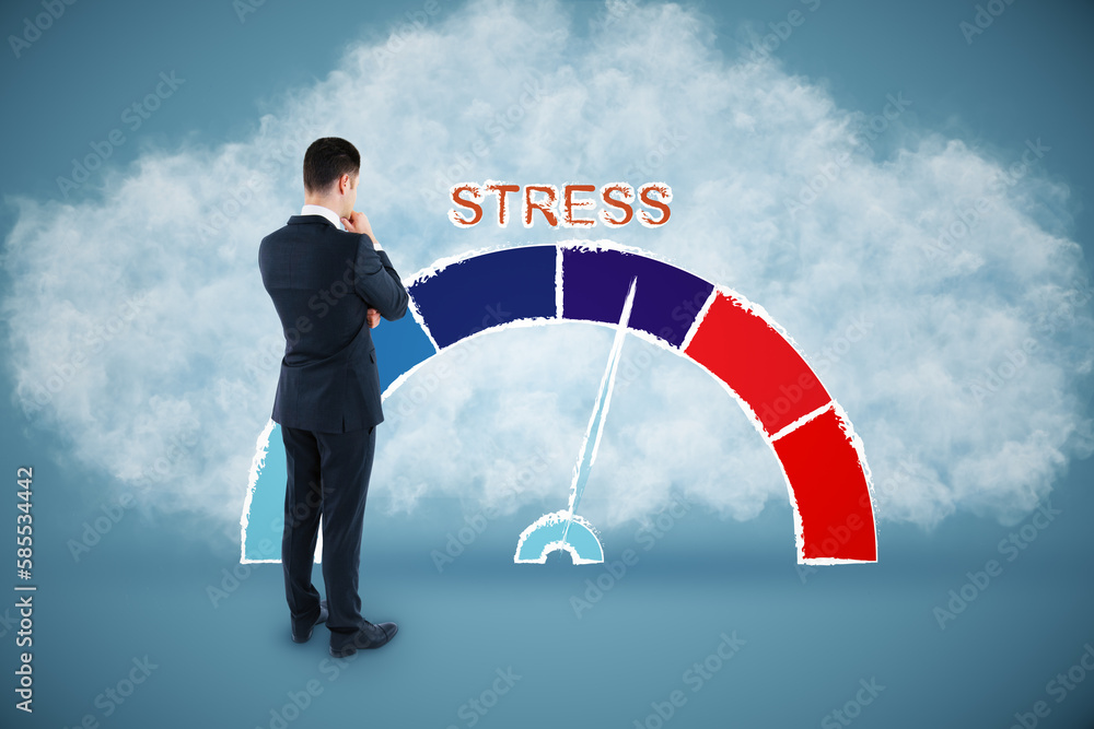 Attractive young busiessman with rising stress level scale on abstract blue background with cloud. H