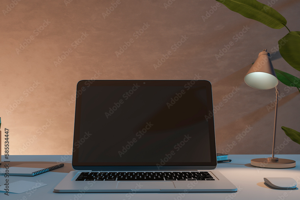 Close up of creative designer desktop with blank laptop screen and supplies. Mock up, 3D Rendering. 