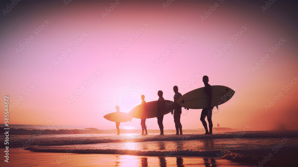 Summer background with surfers. Illustration AI Generative.