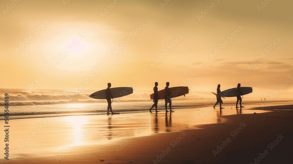 Summer background with surfers. Illustration AI Generative.