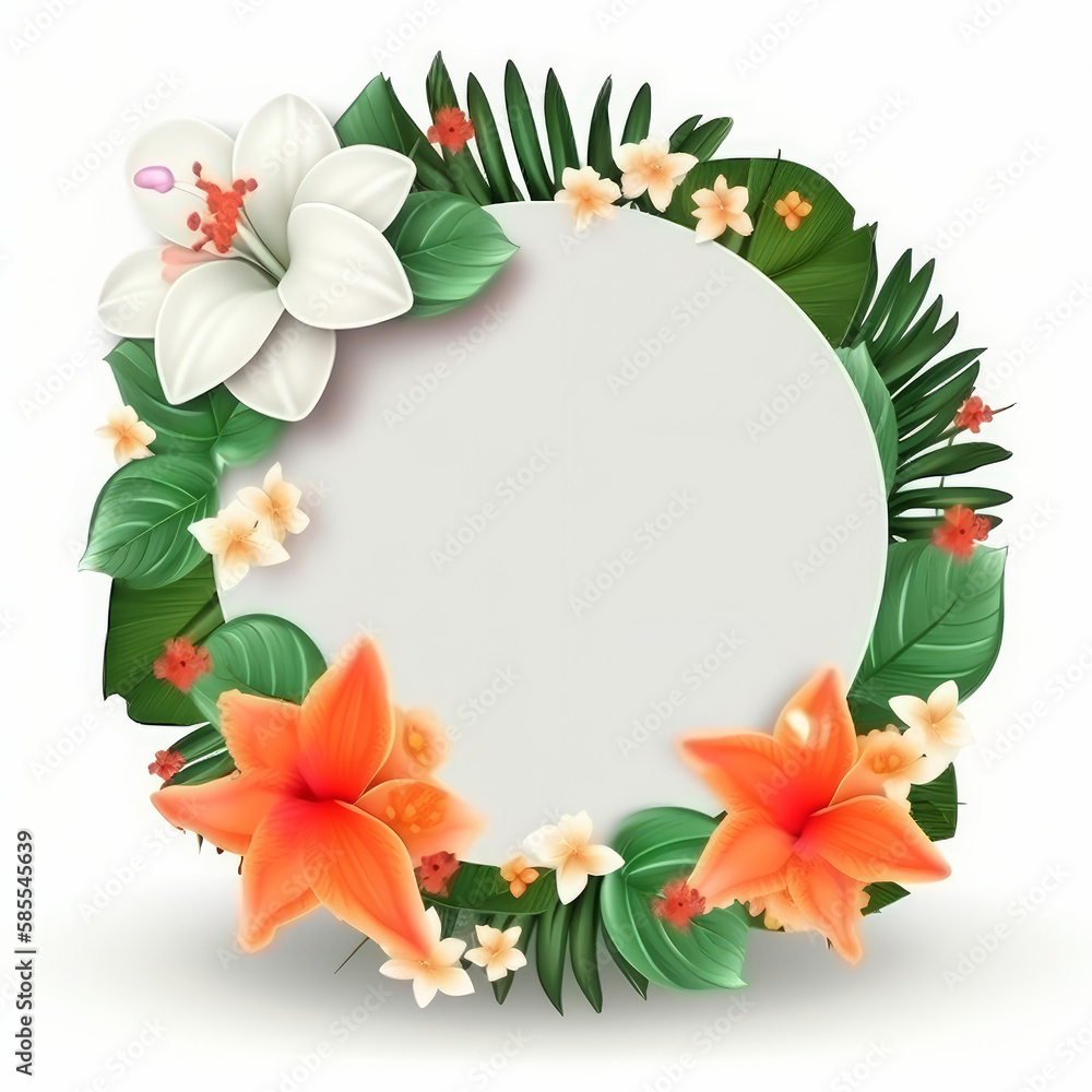 Tropical flower frame. Illustration AI Generative.