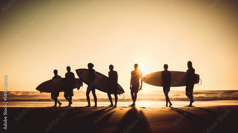 Summer background with surfers. Illustration AI Generative.