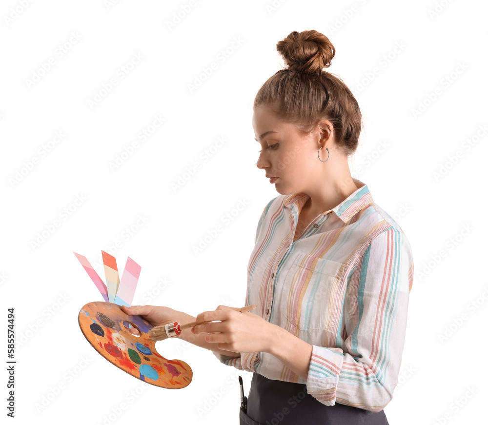 Female artist with brush, color samples and paint palette on white background