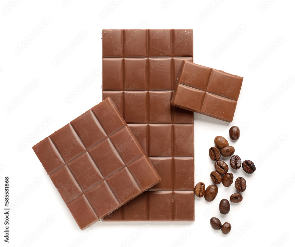 Tasty chocolate and coffee beans on white background