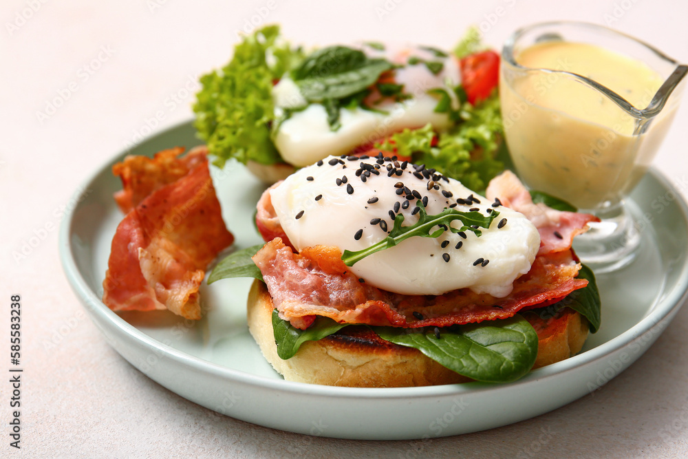 Plate with tasty egg Benedict on white table, closeup