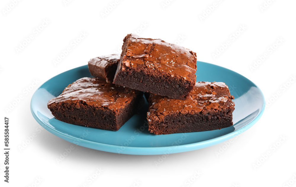 Plate with pieces of tasty chocolate brownie isolated on white background