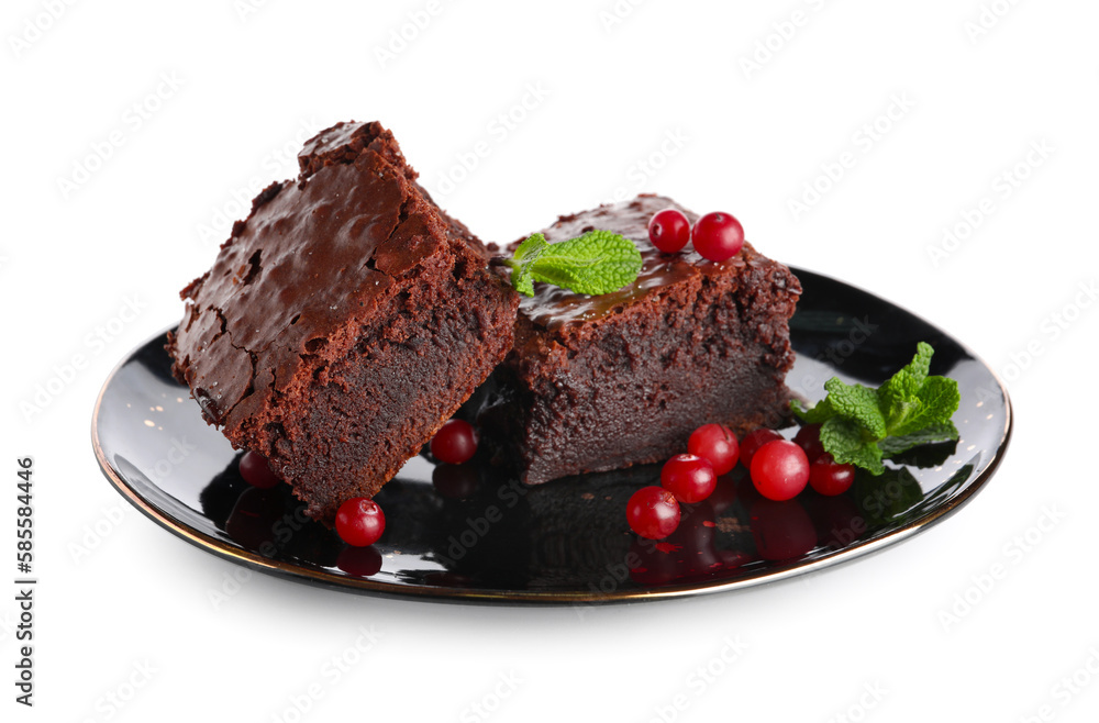 Plate with pieces of tasty chocolate brownie isolated on white background